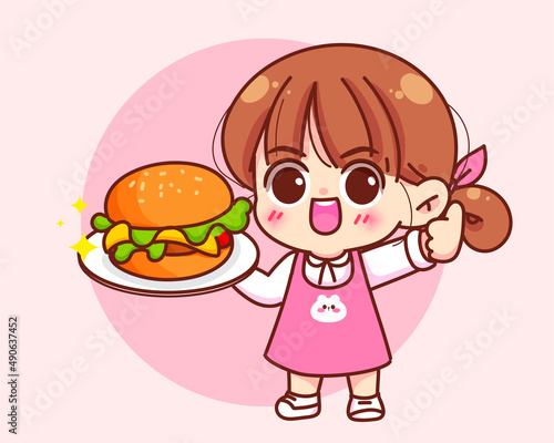 Cute girl holding burger food logo cartoon hand draw character vector art illustration