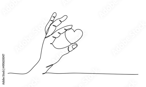 Continuous one line drawing, Health care hands holding heart. design poster art print. vector illustration