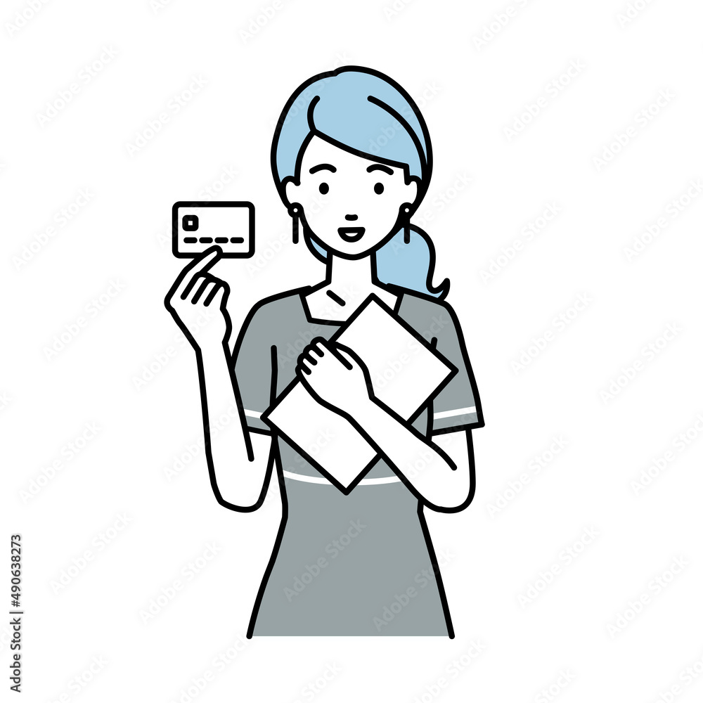 立って書類とカードを手に持つエステ店員・接客・受付の女性
