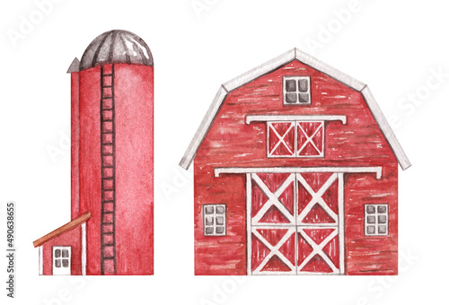 Foto Red Barn watercolor clipart, Farm wooden barn isolated illustration