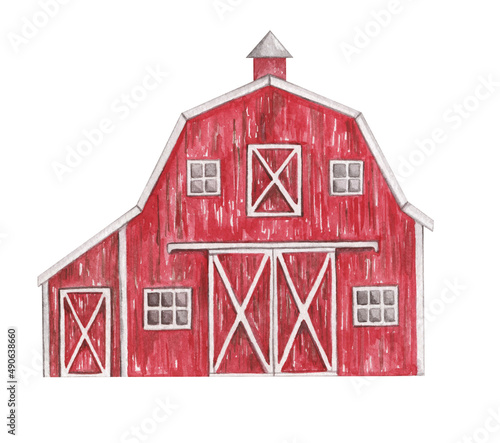 Print op canvas Red Barn watercolor clipart, Farm wooden barn isolated illustration