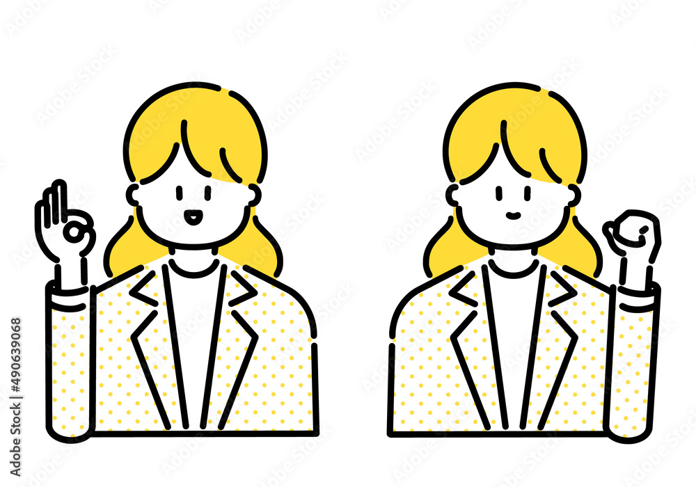オッケーサイン・ガッツポーズをするビジネスウーマンのベクターイラスト素材セット(黄) Vector illustration set of business woman doing OK sign and guts pose (yellow) オッケーサイン・ガッツポーズをするビジネスウーマンのベクターイラスト素材セット(黄) Vector illustration set of business woman doing OK sign and guts pose (yellow)