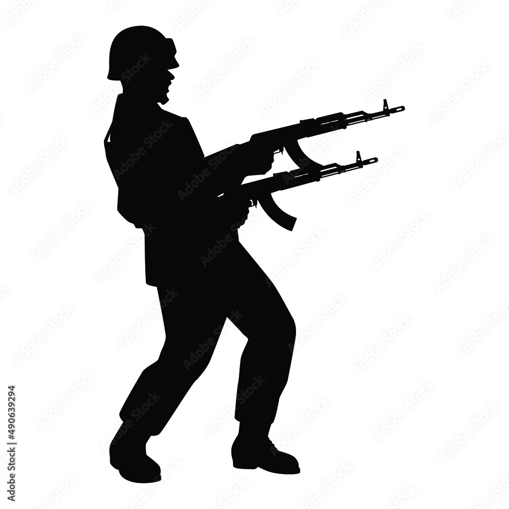Soldier with rifle gun in war silhouette vector, military man in the battle.
Soldier with rifle gun in war silhouette vector, military man in the battle.