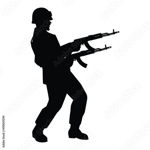 Soldier with rifle gun in war silhouette vector  military man in the battle.  