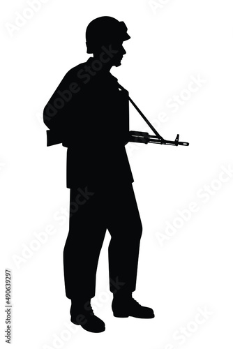 Soldier with rifle gun in war silhouette vector, military man in the battle. 