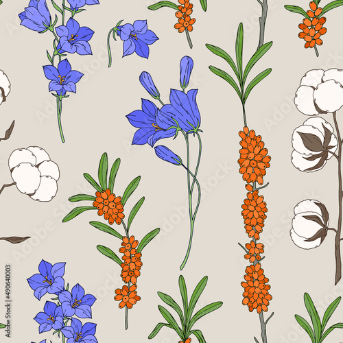 Vector seamless pattern with flowers and sea buckthorn.