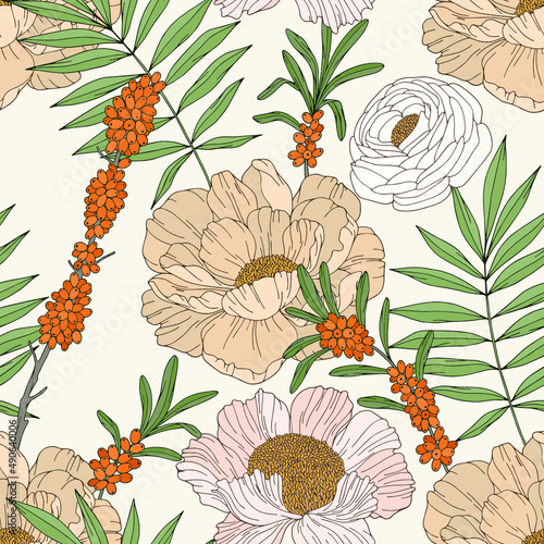 Vector seamless pattern with flowers and sea buckthorn.