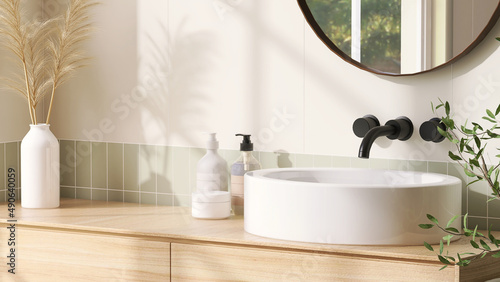 Wood vanity counter top and green wall tiles with ceramic washbasin and modern minimal style faucet in bathroom in warm morning sunlight and shadow. 3D render for product display background.