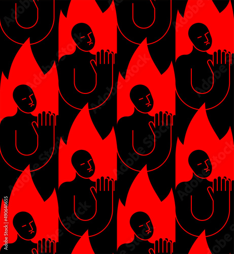 Sinner pattern seamless. Sinner in fire to repent texture. Man prays in fiery hyena ornament. Man in Hellfire background