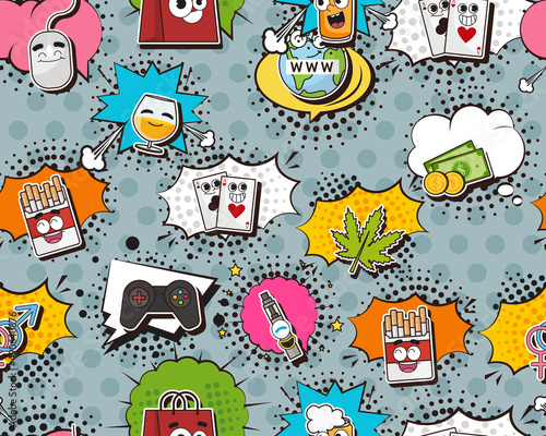 Vector flat seamless texture pattern Hand drawn flat trendy cartoon elements collection Addictions