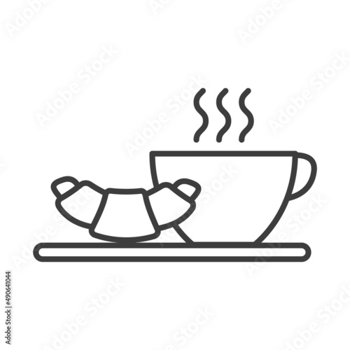 Cup of hot tea, coffe and croissant. Simple food icon in trendy style isolate...
