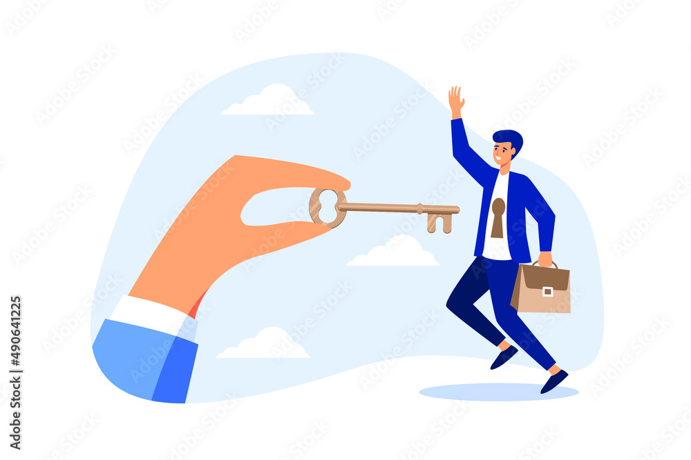 Coaching or training to unlock employee true potential and achieve career success, advance skill for talent personal development concept, coach holding success golden key to unlock employee keyhole. Coaching or training to unlock employee true potential and achieve career success, advance skill for talent personal development concept, coach holding success golden key to unlock employee keyhole.