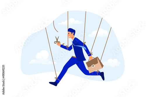 Freedom for work and decision making, authority to work independently, stop micromanagement, or people manipulation concept, businessman marionette, puppeteer use scissors to cut controlled strings.
