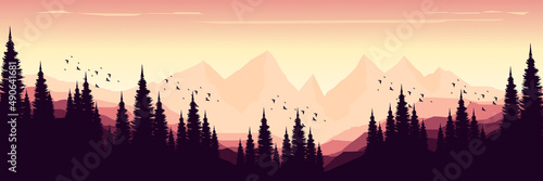 sunrise mountain with forest silhouette landscape vector illustration design for wallpaper design, design template, background template, and tourism design template