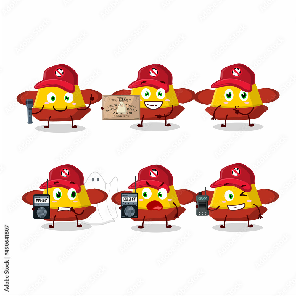 Ghost hunter cartoon yellow chinese hat character using camera Ghost hunter cartoon yellow chinese hat character using camera