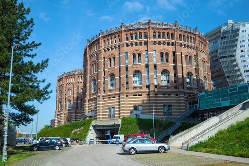 Photography View of the Vienna Gasometers residential complex on a sunny April day