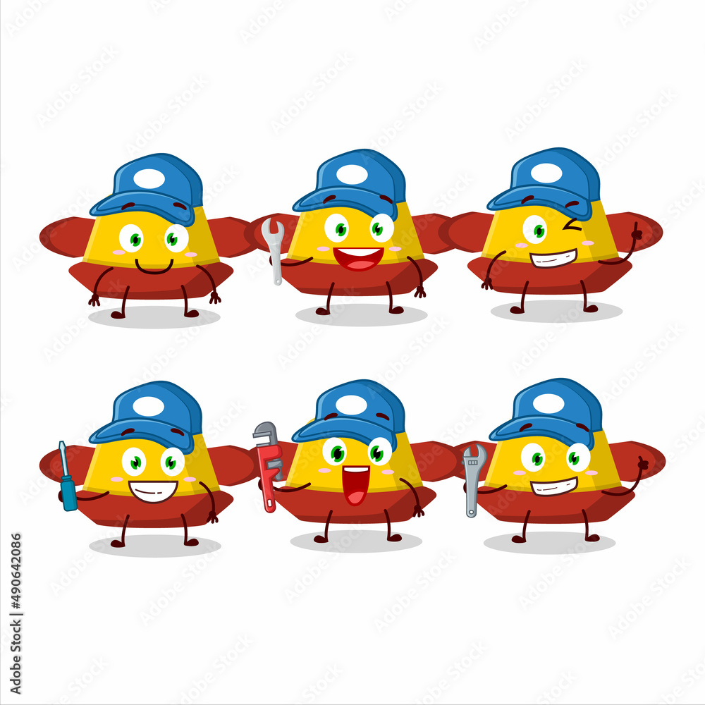 mechanic yellow chinese hat cute mascot character with pliers