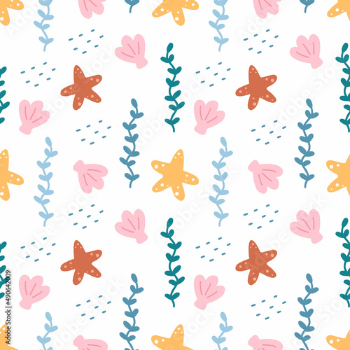 Seamless pattern seabed. Wallpaper for nursery. Starfish, seaweed and shells. Inhabitants of sea. Background for sewing children clothes and printing on fabric. Packing paper.