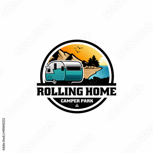 caravan, rv trailer, camper van logo vector