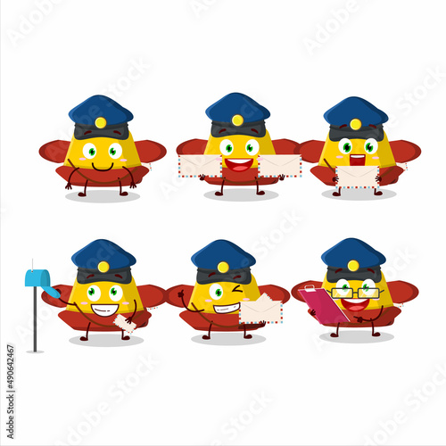 A picture of cheerful yellow chinese hat postman cartoon design concept