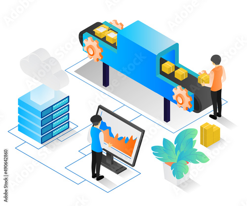 Isometric style illustration of a packing machine with computer controlling operator