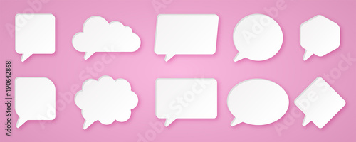 set comunication bubble speech 3d paper style chat icon colletion in pink background
