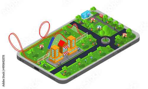 Isometric style illustration of a playground for holidays with roller coasters and characters