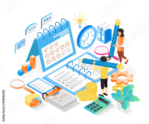 Isometric style illustration of business planning schedule with characters and date