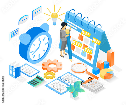 Isometric style illustration of business planning schedule with characters and date