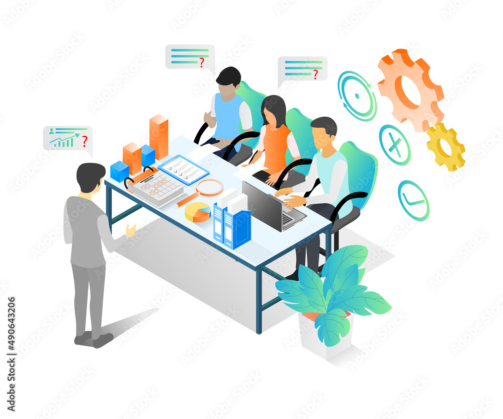 Isometric style illustration about a business team having a business growth meeting and discussion