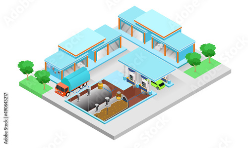 Isometric style illustration of a tanker truck refilling at a gas station