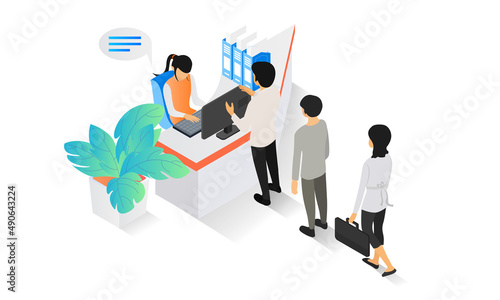 Isometric style illustration of a cashier serving a customer