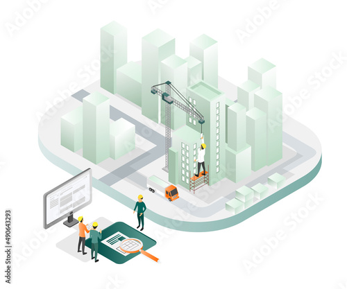 Isometric style illustration about architect and team working supervising the field