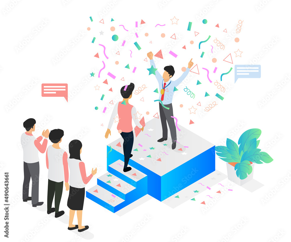 Isometric style illustration about successful business with someone on the podium Isometric style illustration about successful business with someone on the podium
