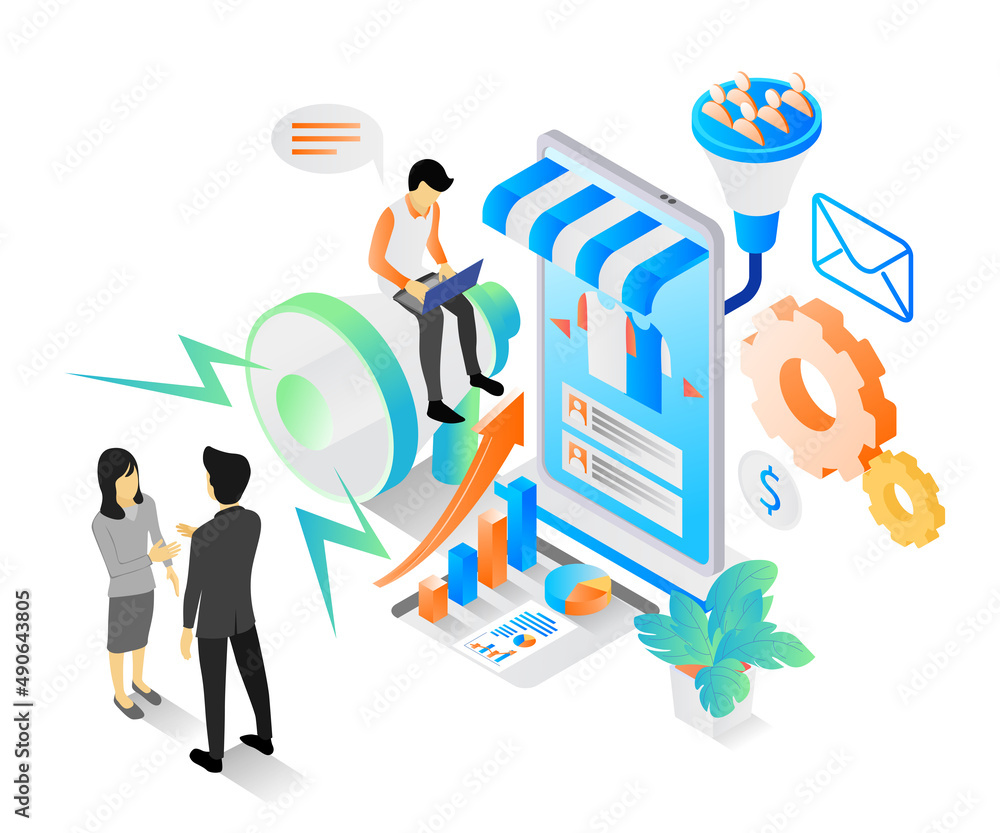 Isometric style illustration of digital marketing analysis team Isometric style illustration of digital marketing analysis team