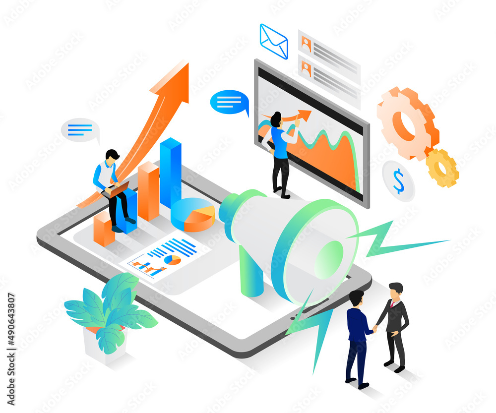 Isometric style illustration of digital marketing analysis team