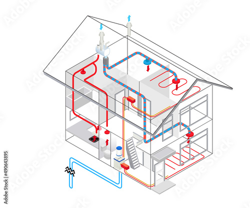 Isometric style illustration of heating pipe installation flow