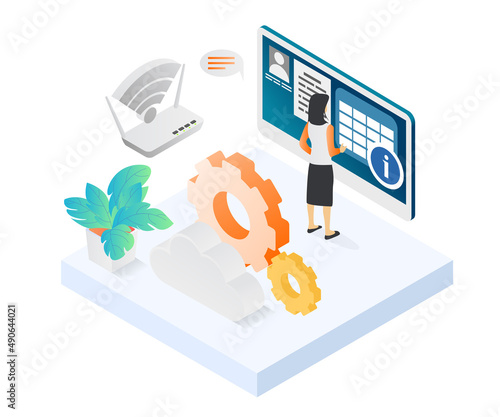 Isometric style illustration of compiling work schedule online