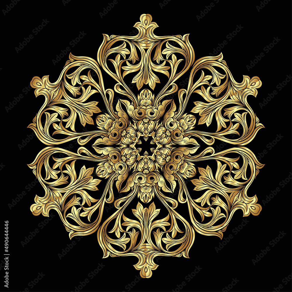 Interlacing circular abstract ornament in the medieval, romanesque style. Mandala. Element for design. hand drawing vector illustration in gold and black.