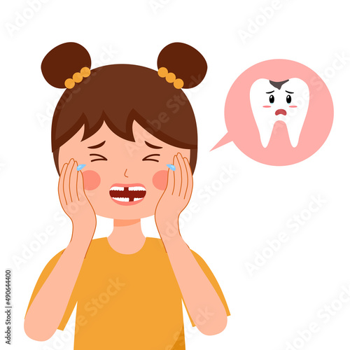Little girl having painful toothache cartoon character in flat design. Dental cavity problem and oral treatment concept.