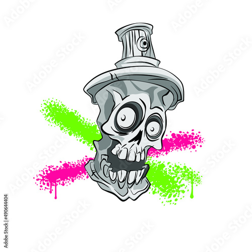 Spray crumpled skull, cartoon image for print, paint jet 
