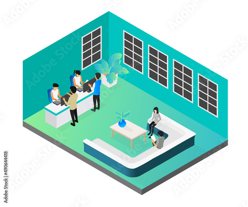 Isometric style illustration of waiting room with cashiers the servicing