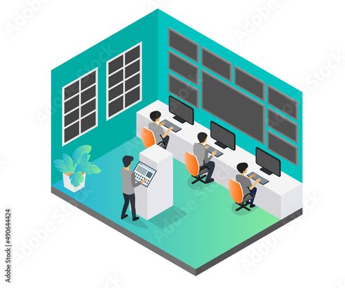 Isometric style illustration of cctv monitor security room