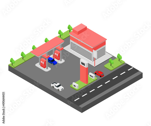 Isometric style illustration of a gas station by the roadside