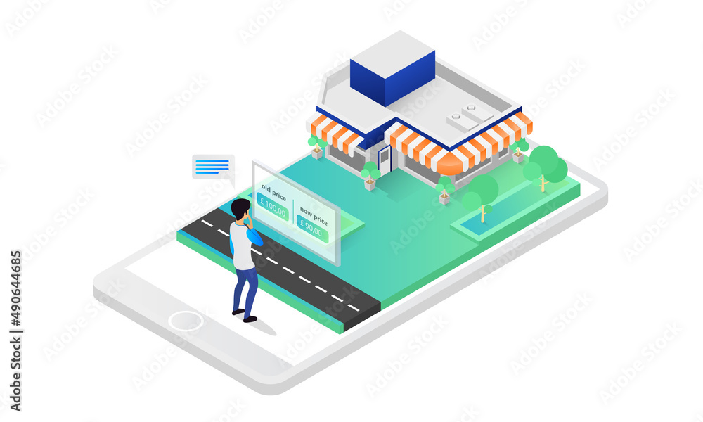 Isometric style illustration of shopping in online store via smartphone