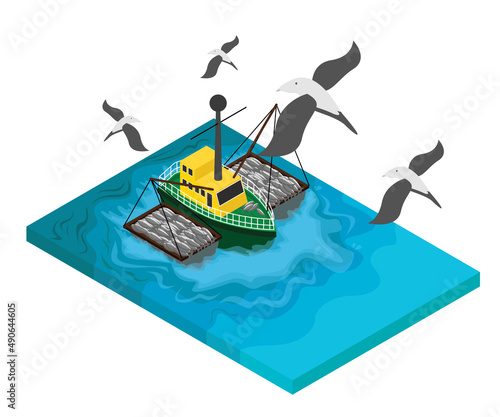 Isometric style illustration of a fishing boat carrying a lot of fish