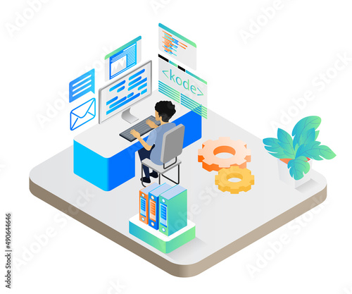 Isometric style illustration of a programmer creating code