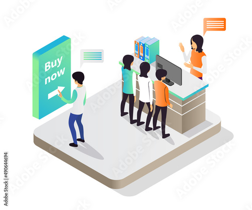 Isometric style illustration of a cashier serving a customer
