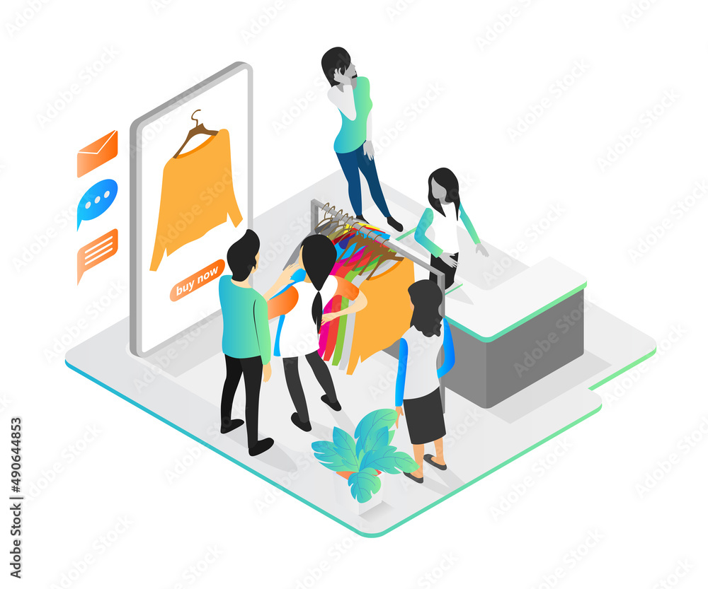 Flat style illustration of shopping in online store via smartphone Flat style illustration of shopping in online store via smartphone