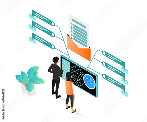Isometric style illustration of an app's workflow